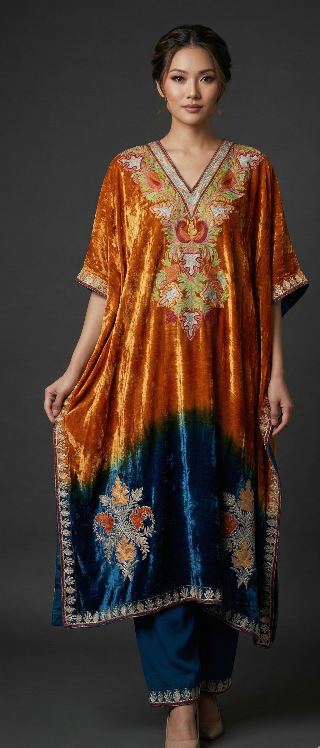 Zareen – Pure Makhmal Velvet Embroidered Kaftan Set in orange blue ombré