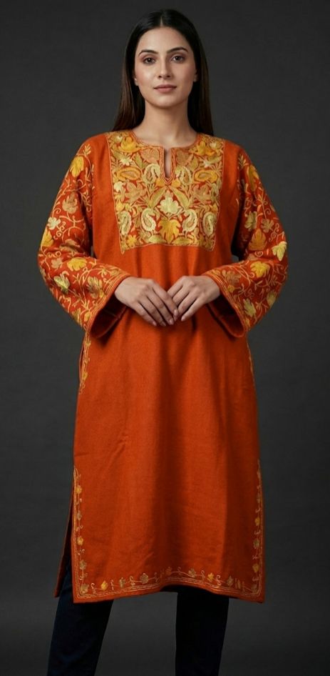 ZARIYA Kashmiri Aari Phiran – Autumn Orange 🍁 | Free Size 56” | Premium Wool Blend