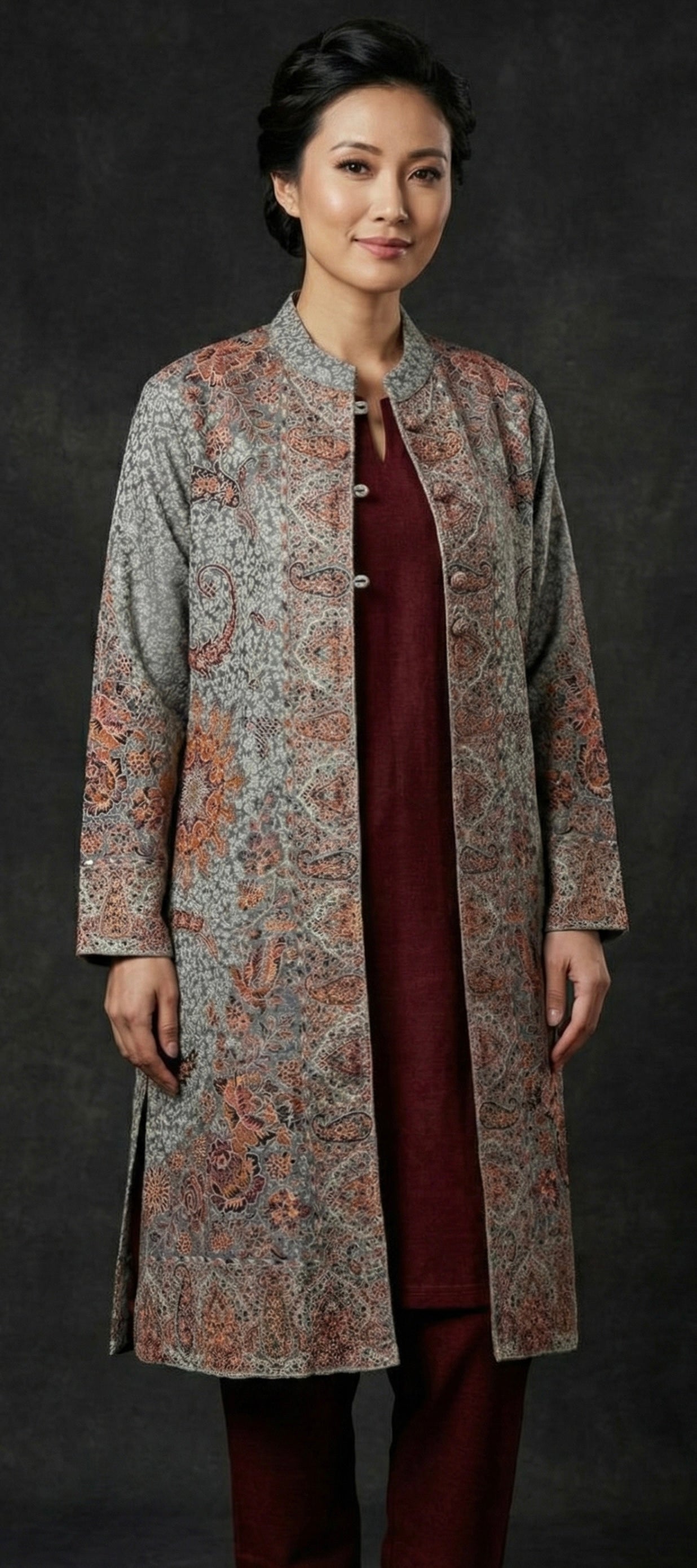 Aureen – Premium Woollen Kani 3-Piece Set (Grey-Rust)