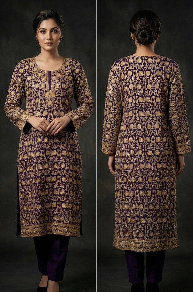 NAZNEEN Kashmiri Aari Kurta | Royal Purple & Gold | Pure Georgette Luxury