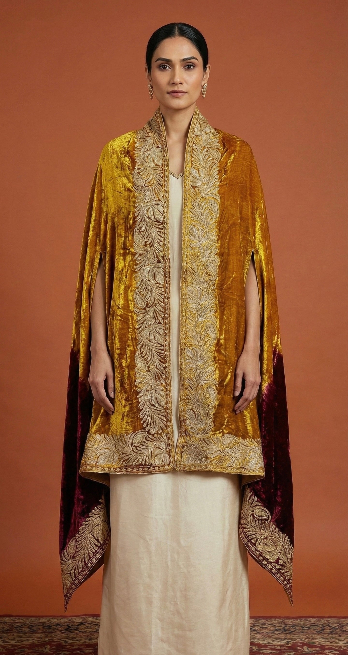 Noorjahaan – Makhmal Velvet Cape Shawl (Zar Mustard & Wine)