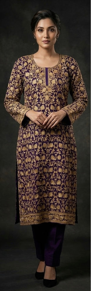 NAZNEEN Kashmiri Aari Kurta | Royal Purple & Gold | Pure Georgette Luxury