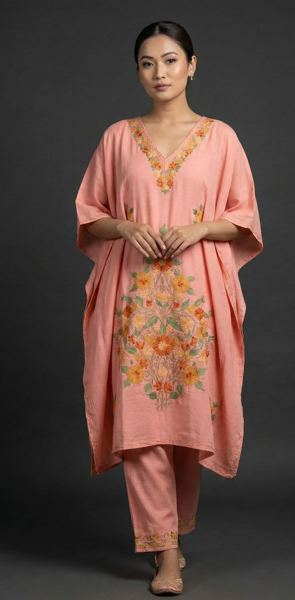 Mahira Peach Aari Kaftan Set