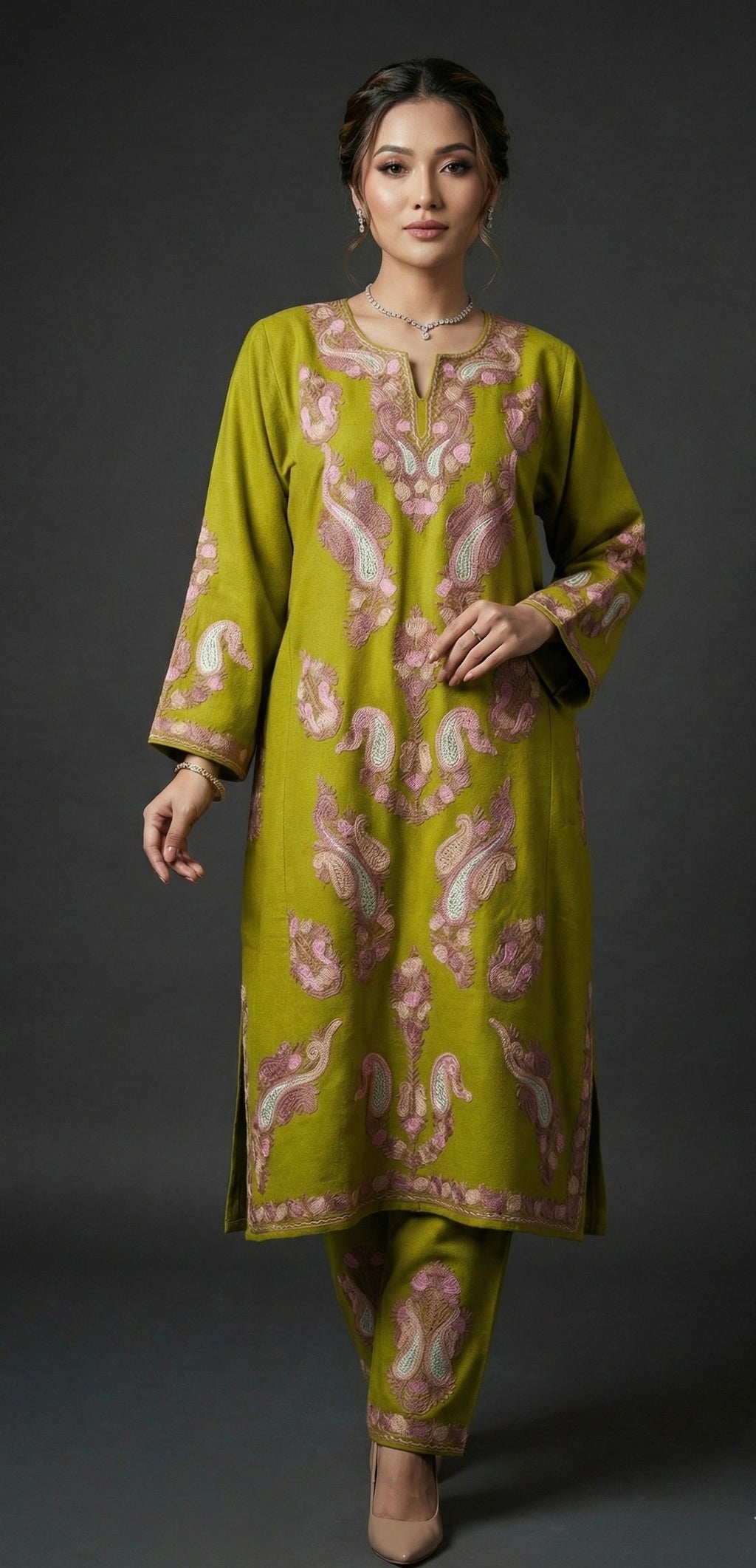 Zeenat – Kashmiri Tilla & Aari Woollen Kurta Set in mustard