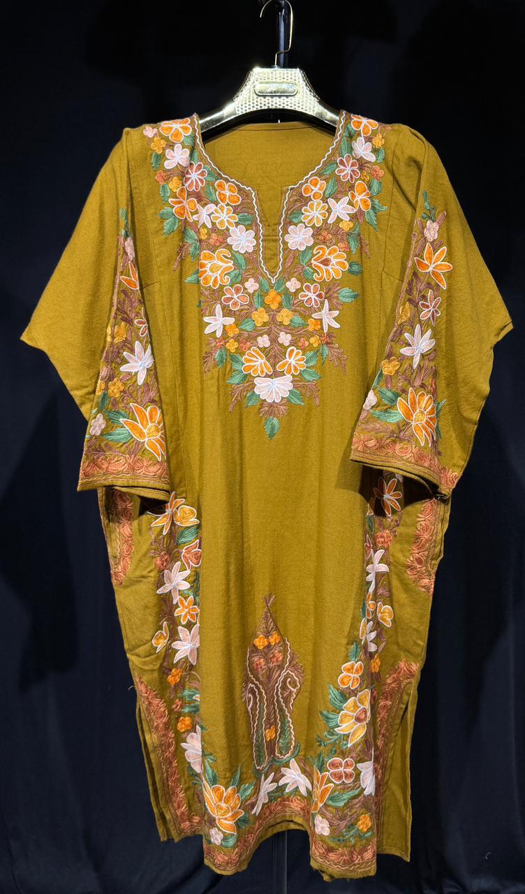 The SANA Kashmiri Aari Set in mustard Pure Handworked | Authentic Kashmiri Aari | Premium Winter Set (Kurta + Pant + Stole)