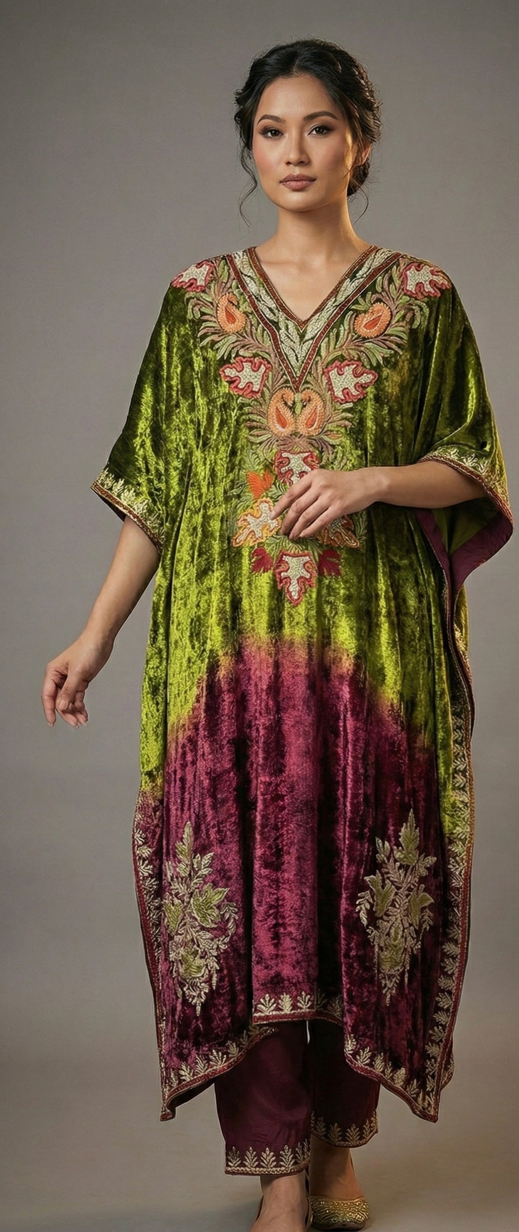 Zareen – Pure Makhmal Velvet Embroidered Kaftan Set in olive and maroon ombré