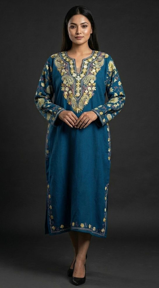 Sahar Teal Kashmiri Aari Phiran | Woollen Winter Wear
