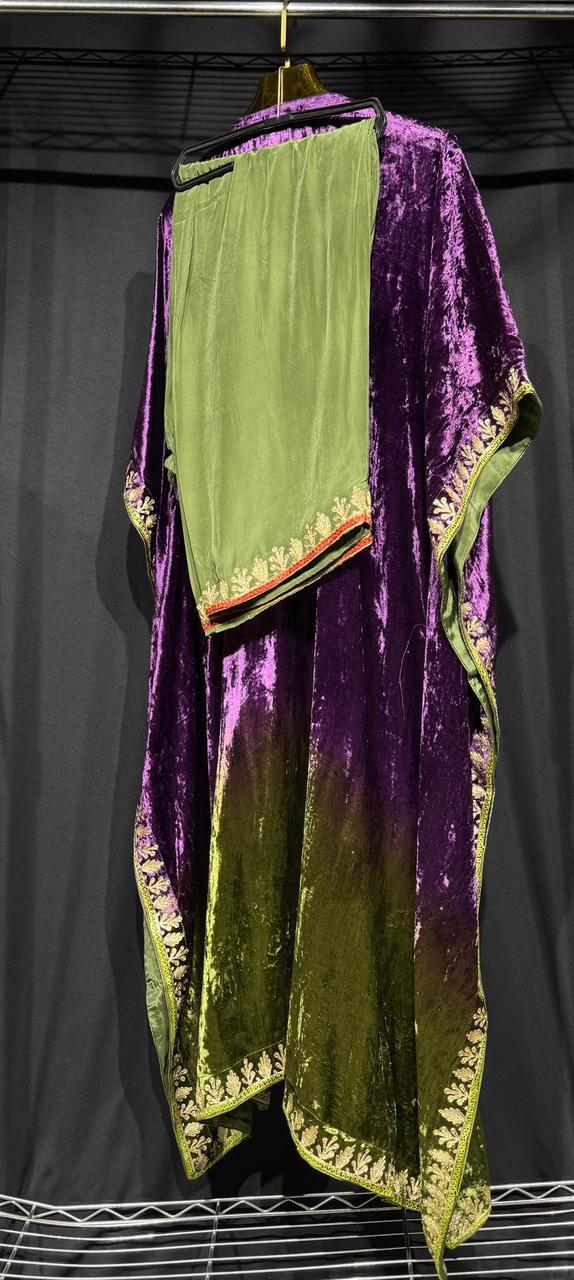 Zareen – Pure Makhmal Velvet Embroidered Kaftan Set in violet and green ombré