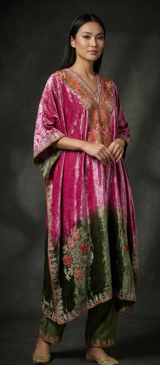 Zareen – Pure Makhmal Velvet Embroidered Kaftan Set in pink and green ombré