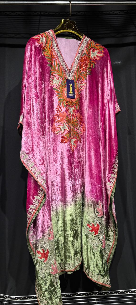 Zareen – Pure Makhmal Velvet Embroidered Kaftan Set in pink and green ombré