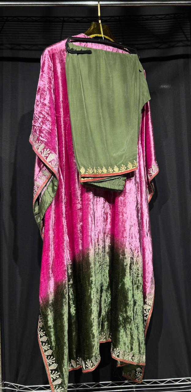 Zareen – Pure Makhmal Velvet Embroidered Kaftan Set in pink and green ombré