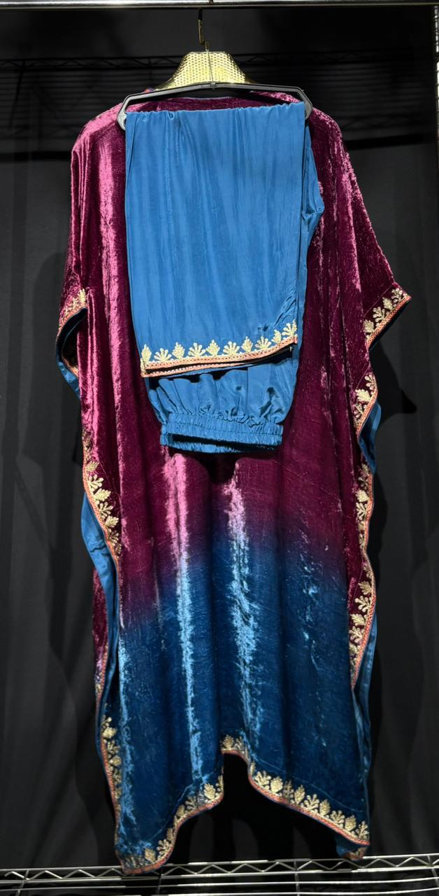 Zareen – Pure Makhmal Velvet Embroidered Kaftan Set in pink and blue ombré