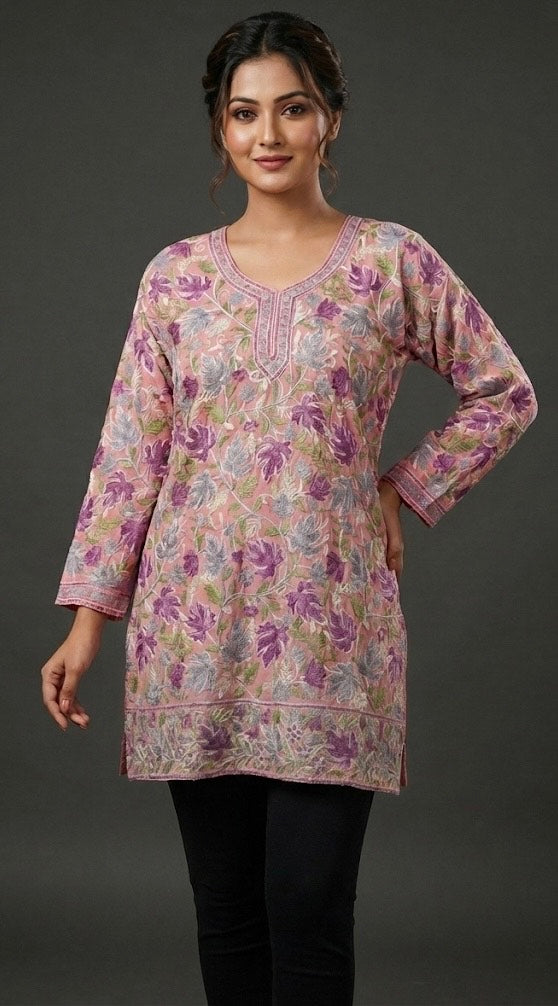 Aaliyah Pastel Bloom Kashmiri Aari Kurta | Embroidered Pure Georgette