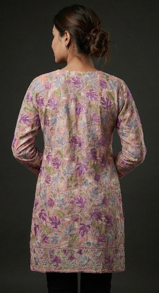 Aaliyah Pastel Bloom Kashmiri Aari Kurta | Embroidered Pure Georgette