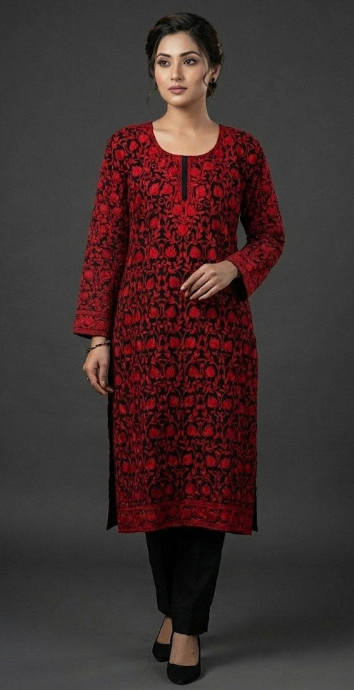 Inaya Kashmiri Aari Embroidered Long Kurta – Crimson Black | Pure Georgette