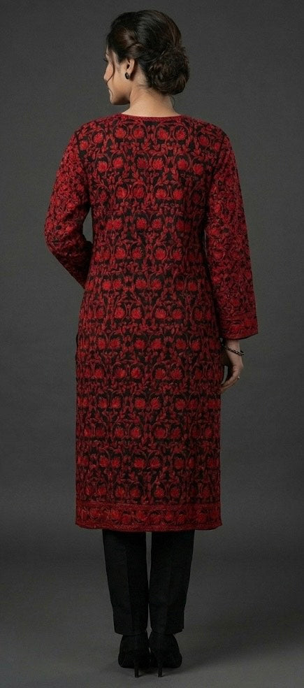 Inaya Kashmiri Aari Embroidered Long Kurta – Crimson Black | Pure Georgette