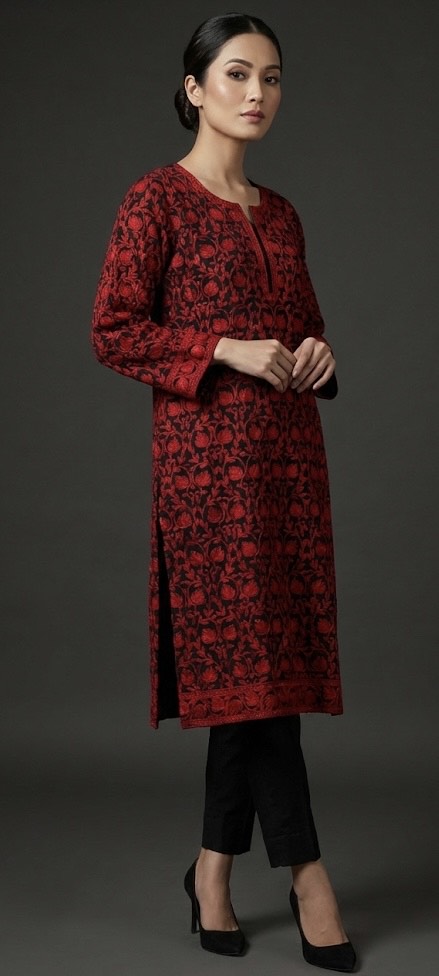 Inaya Kashmiri Aari Embroidered Long Kurta – Crimson Black | Pure Georgette