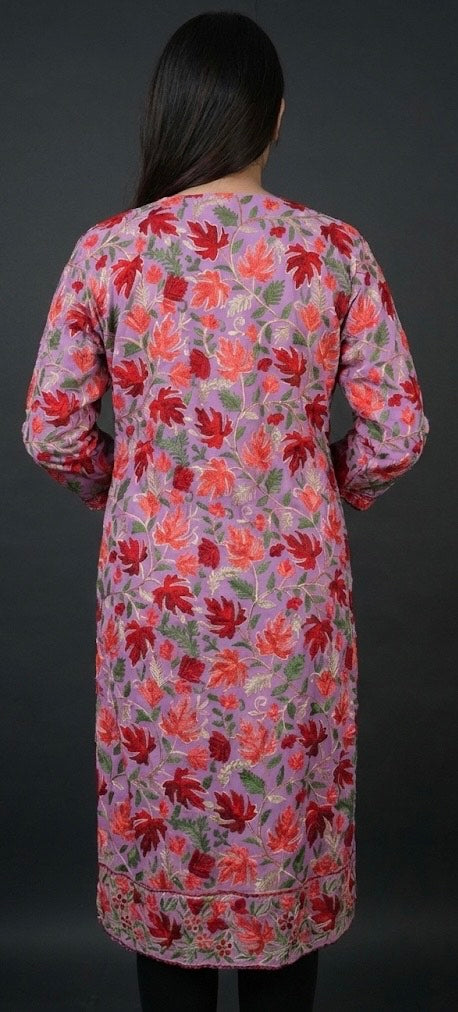 HEENA Kashmiri Aari Kurta – Embroidered Georgette Elegance (Lavender Red)