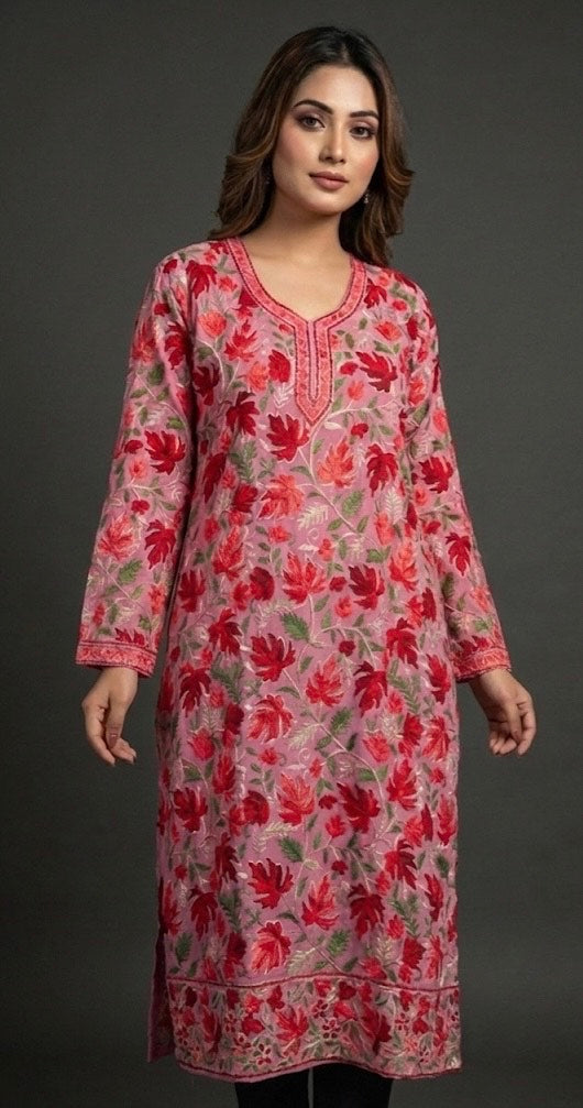 Sahar Kashmiri Aari Kurta – Embroidered Premium Georgette (Pink Bloom)