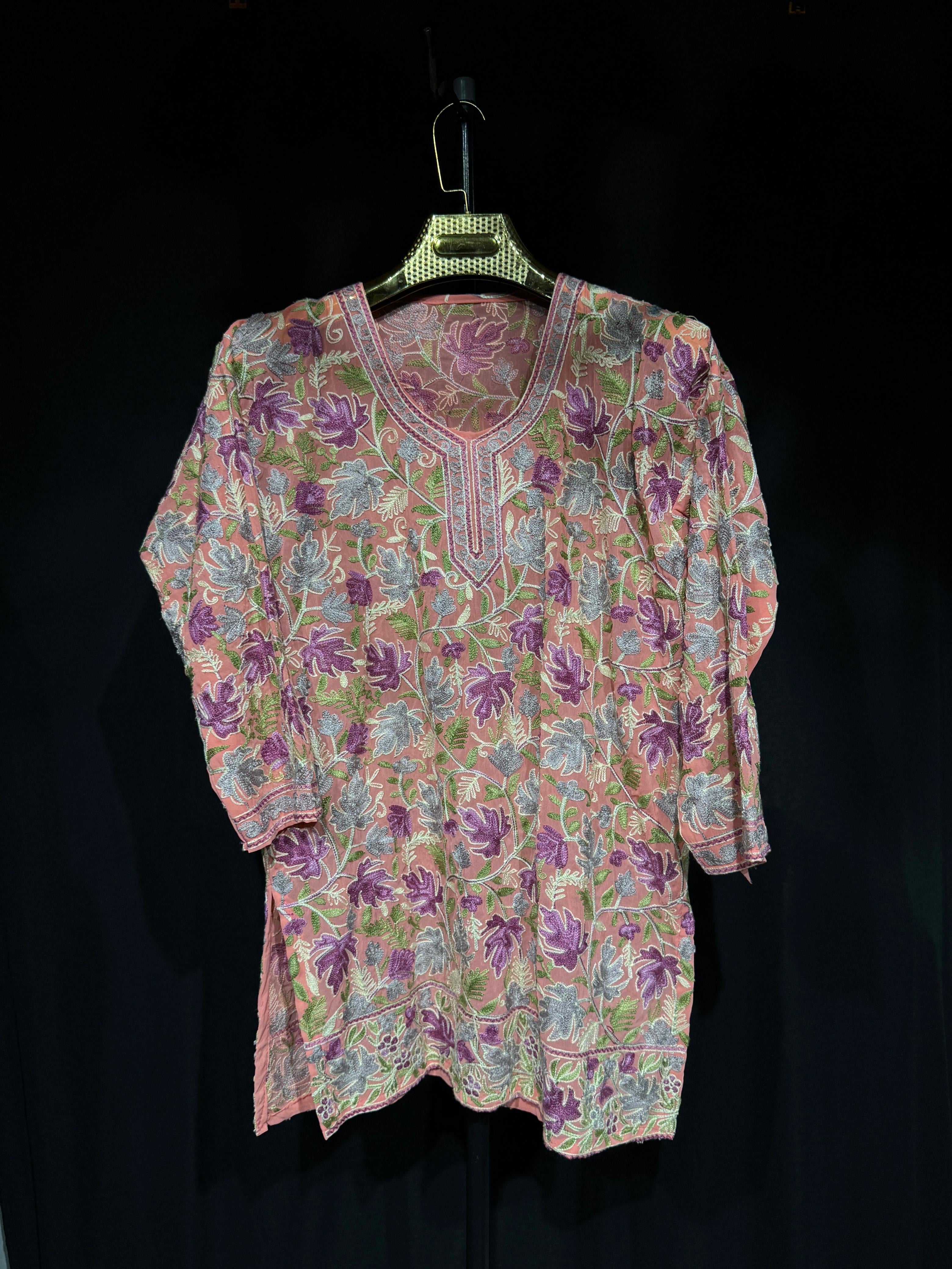 Aaliyah Pastel Bloom Kashmiri Aari Kurta | Embroidered Pure Georgette
