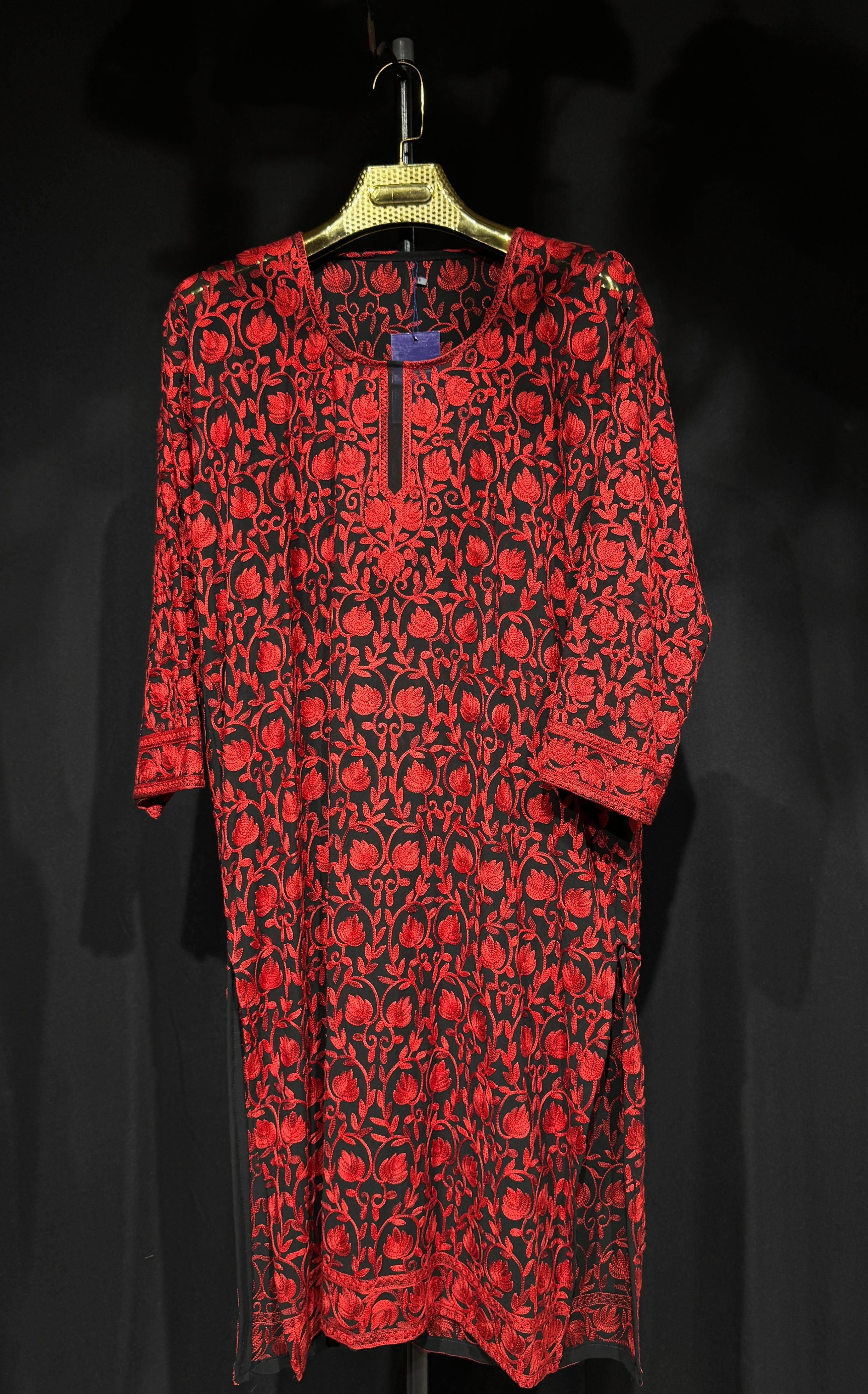 Inaya Kashmiri Aari Embroidered Long Kurta – Crimson Black | Pure Georgette