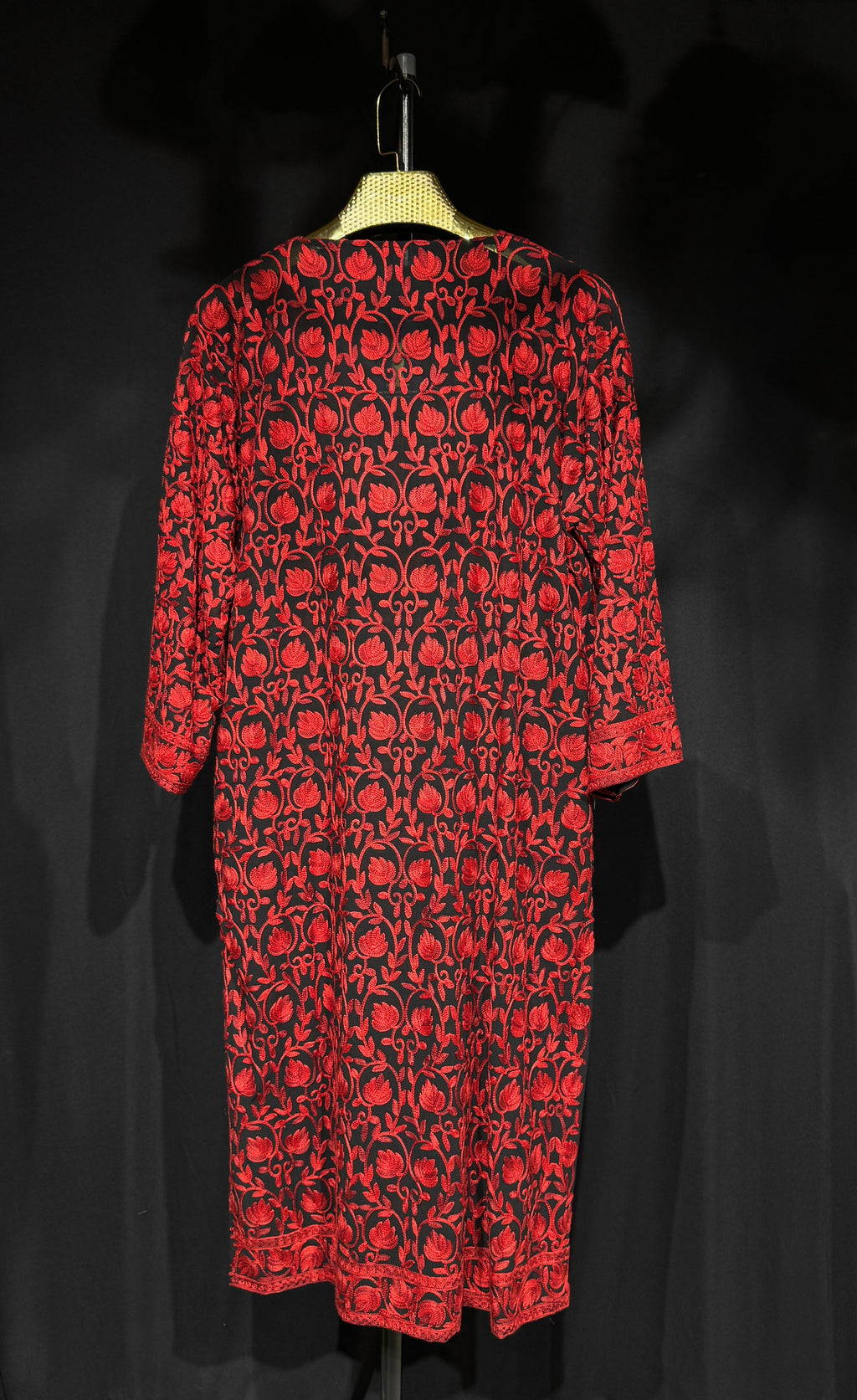 Inaya Kashmiri Aari Embroidered Long Kurta – Crimson Black | Pure Georgette