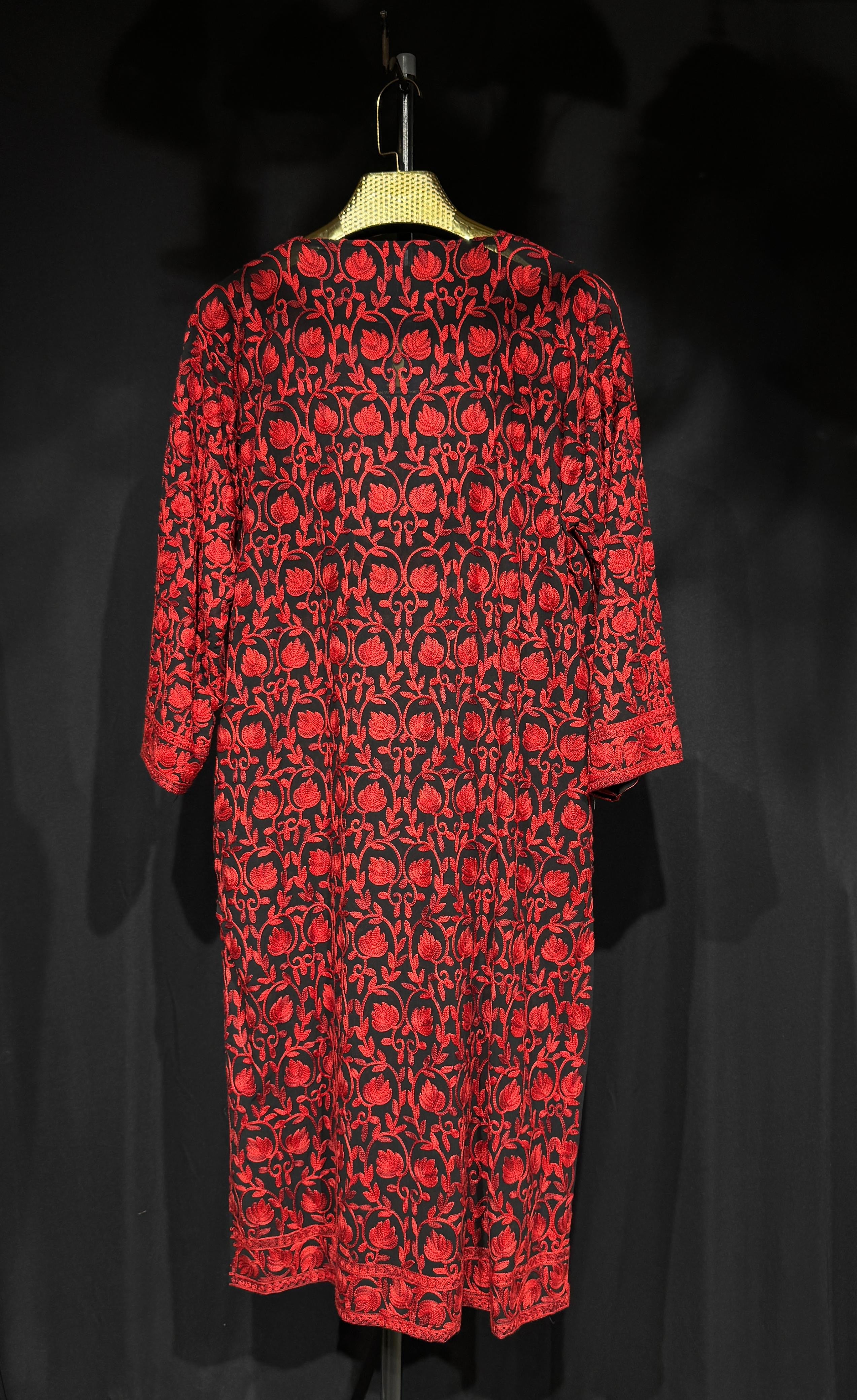 Inaya Kashmiri Aari Embroidered Long Kurta – Crimson Black | Pure Georgette